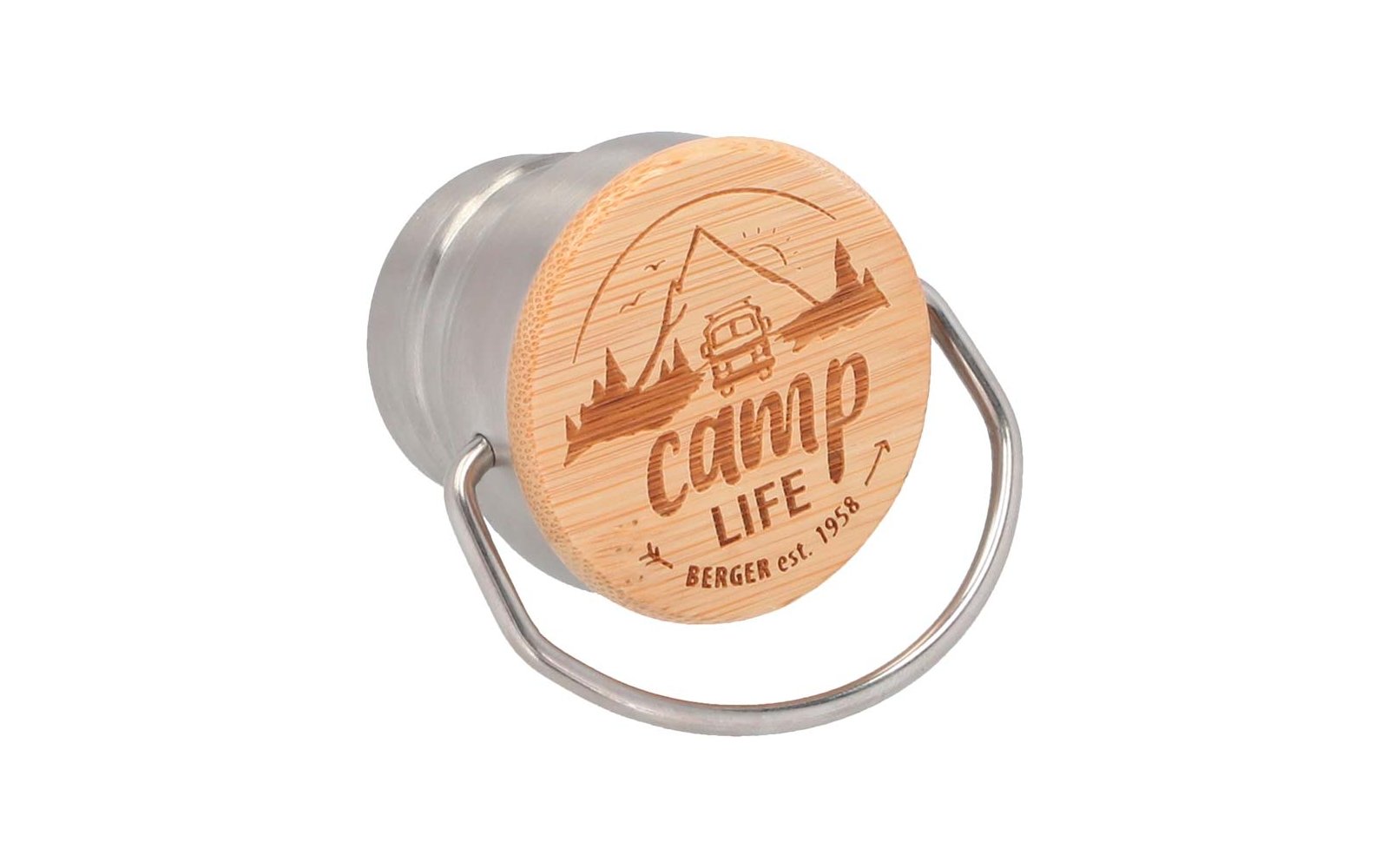 Wooden cap with a mountain landscape, a tent, and the text 'camp LIFE'