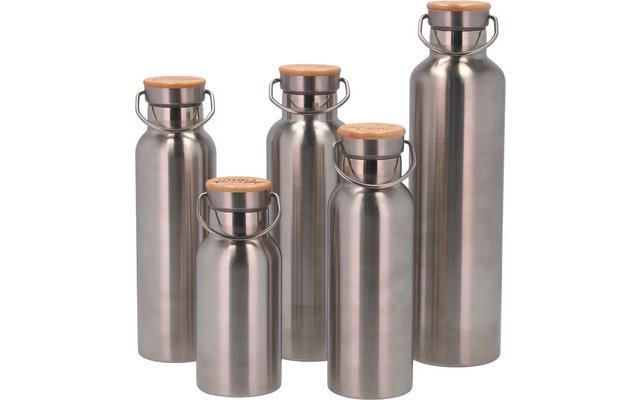 Five stainless steel bottles of different sizes with wooden caps
