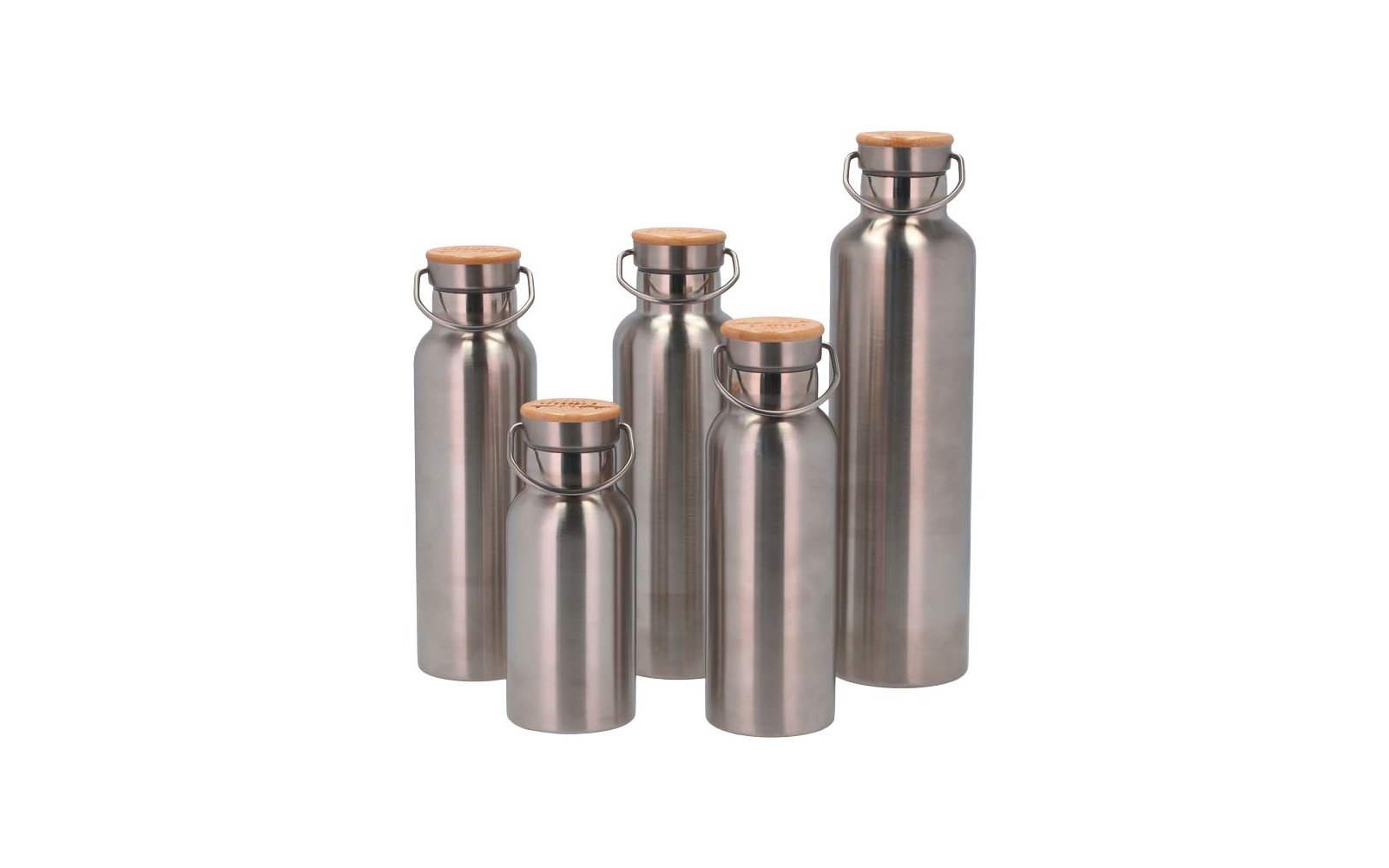Five stainless steel bottles of different sizes with wooden caps