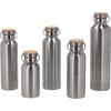 Five metallic drinking bottles with wooden lids in different sizes