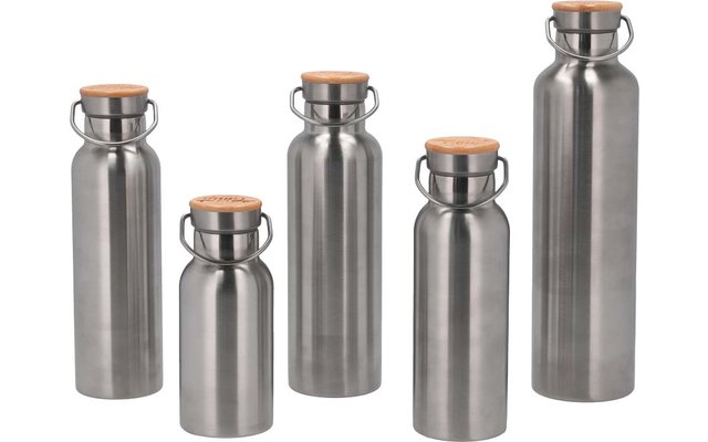 Five metallic drinking bottles with wooden lids in different sizes
