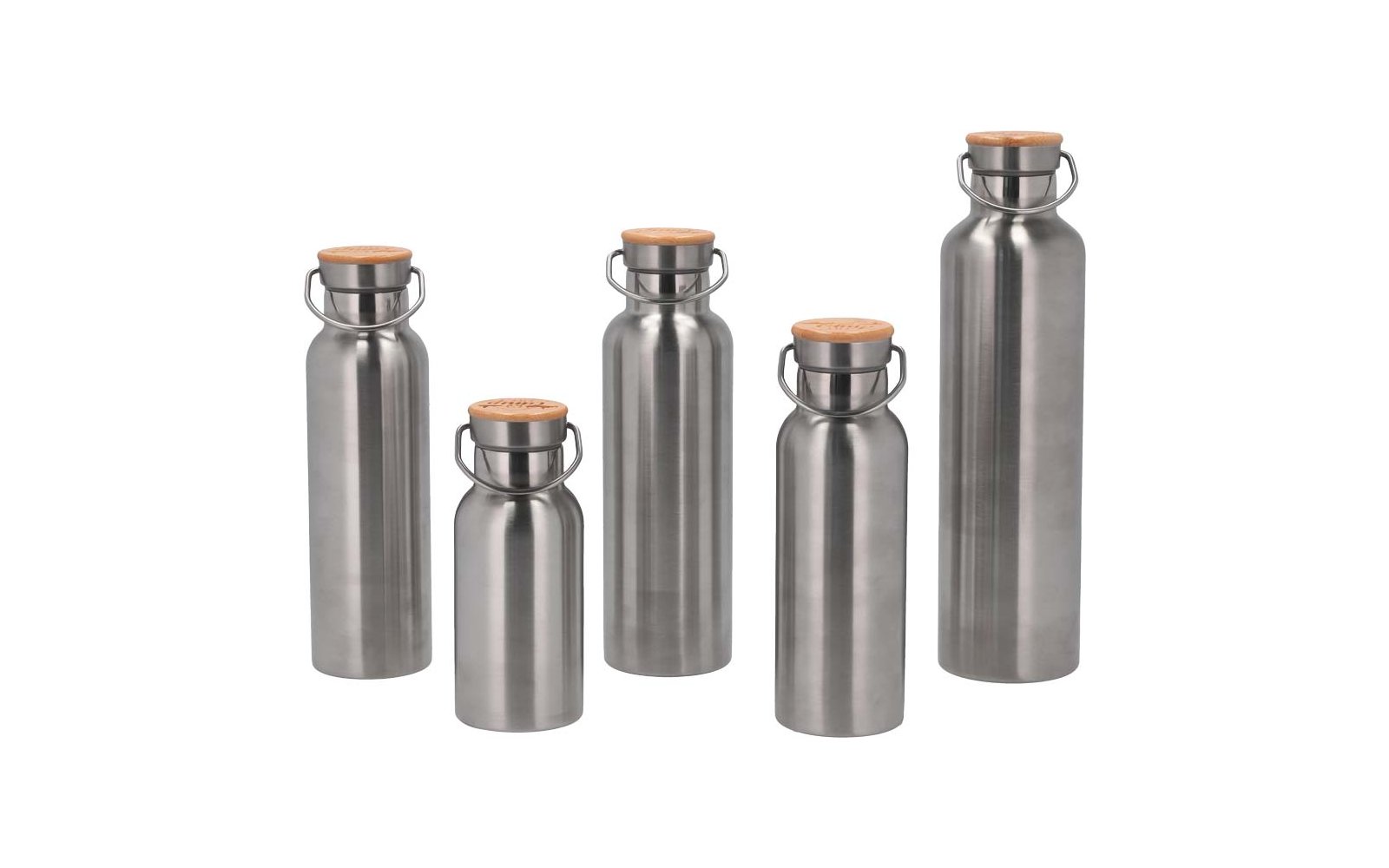 Five metallic drinking bottles with wooden lids in different sizes