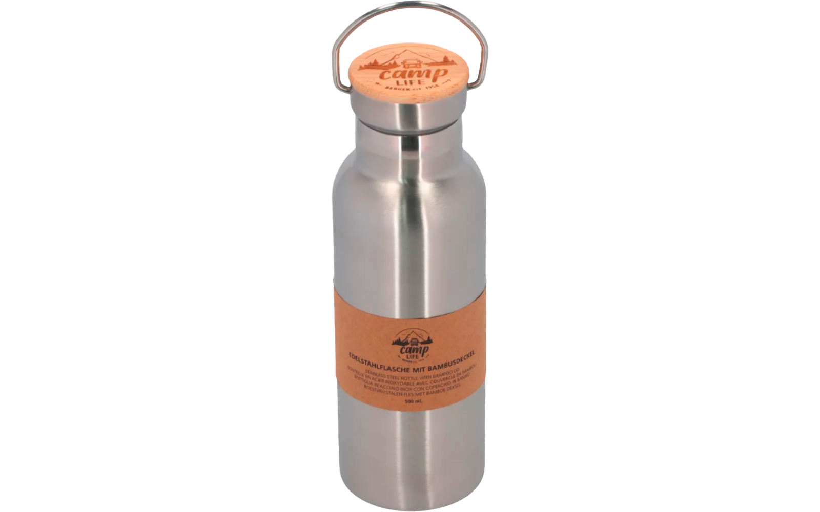 Bouteille en acier inoxydable argentée avec bouchon rond en bambou et bande d'étiquette en papier brun sur fond blanc