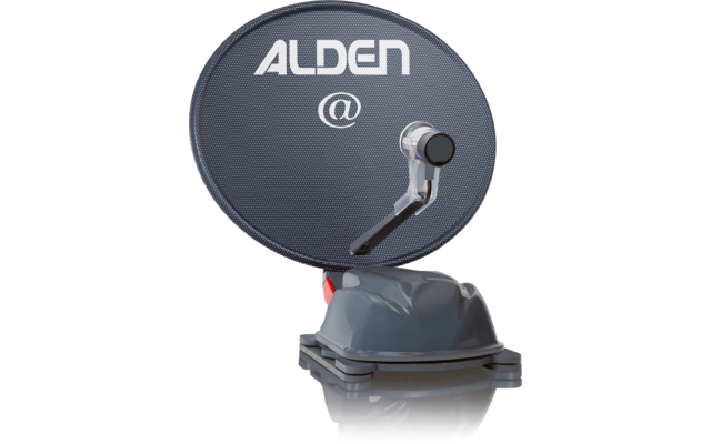 Runde Satellitenschüssel mit strukturierter Oberfläche, weiße Schrift 'ALDEN' und '@', silberner Haltearm mit schwarzem LNB, graue Montagebasis