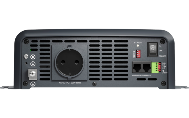 Graue Metallrückseite mit Lüftungsschlitzen, runder Steckdosenöffnung links, Anschlussbuchsen und Schraubklemmen rechts, zwei RJ45-Buchsen, roter Schalterblock, Ein-/Aus-Schalter, Statusanzeige und seitlichen Montageflanschen