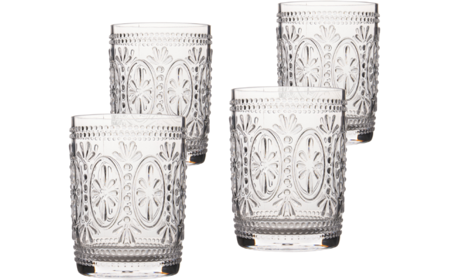 Vier durchsichtige Gläser mit einem dekorativen Muster