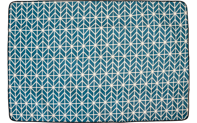 Rechteckiges blau‑türkisfarbenes Textil mit weißem, regelmäßigem geometrischem Muster aus Dreiecken und sternförmigen Sechsecken