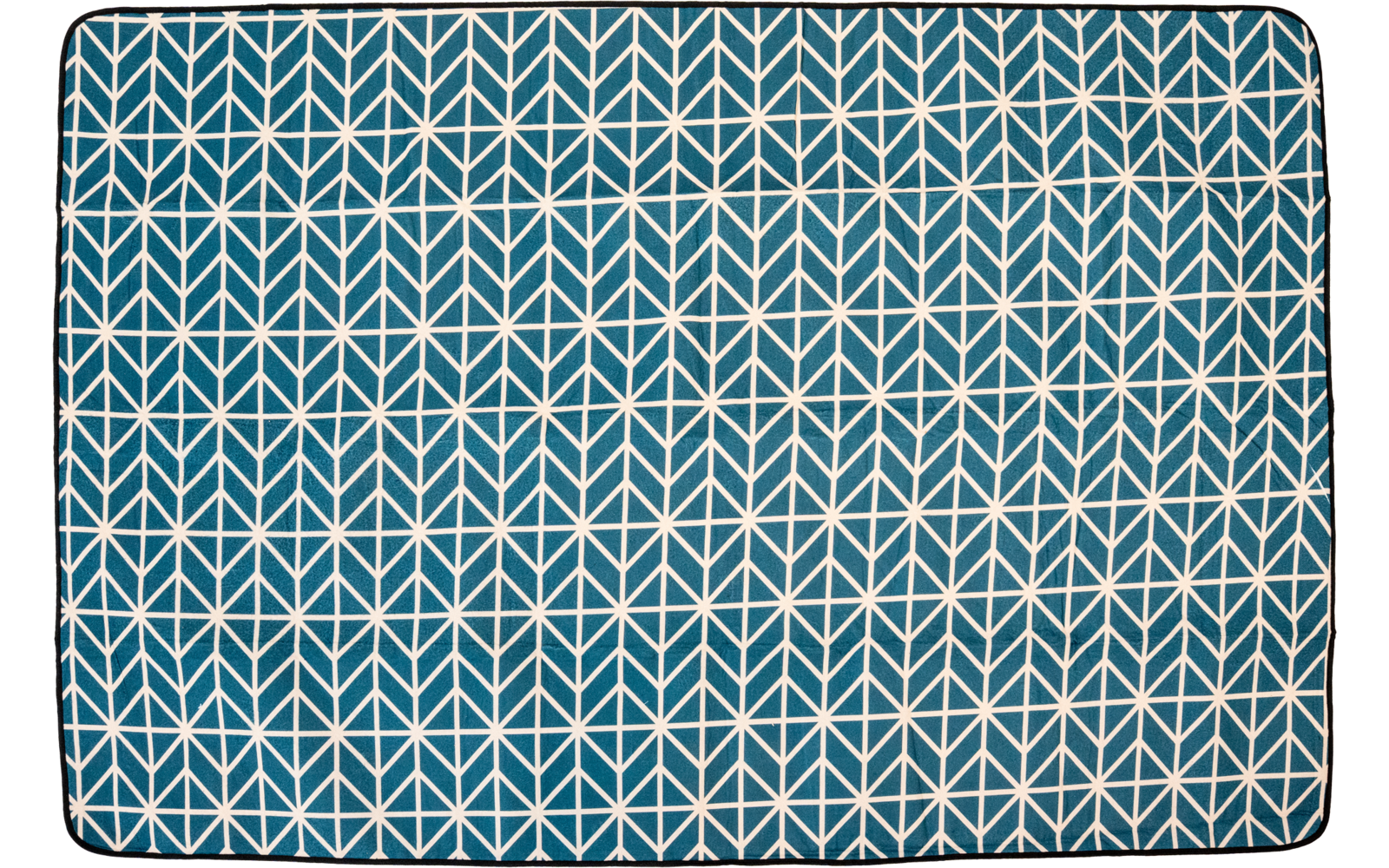 Rechteckiges blau‑türkisfarbenes Textil mit weißem, regelmäßigem geometrischem Muster aus Dreiecken und sternförmigen Sechsecken