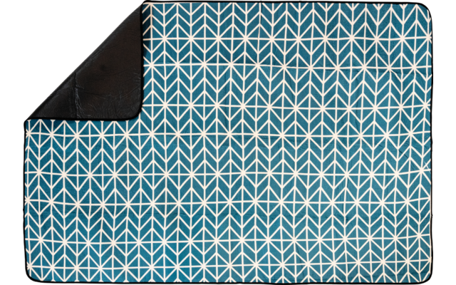 Rechteckiges blaugrünes Objekt mit weißem, wiederholendem geometrischem Muster; obere linke Ecke umgeklappt, Rückseite schwarz