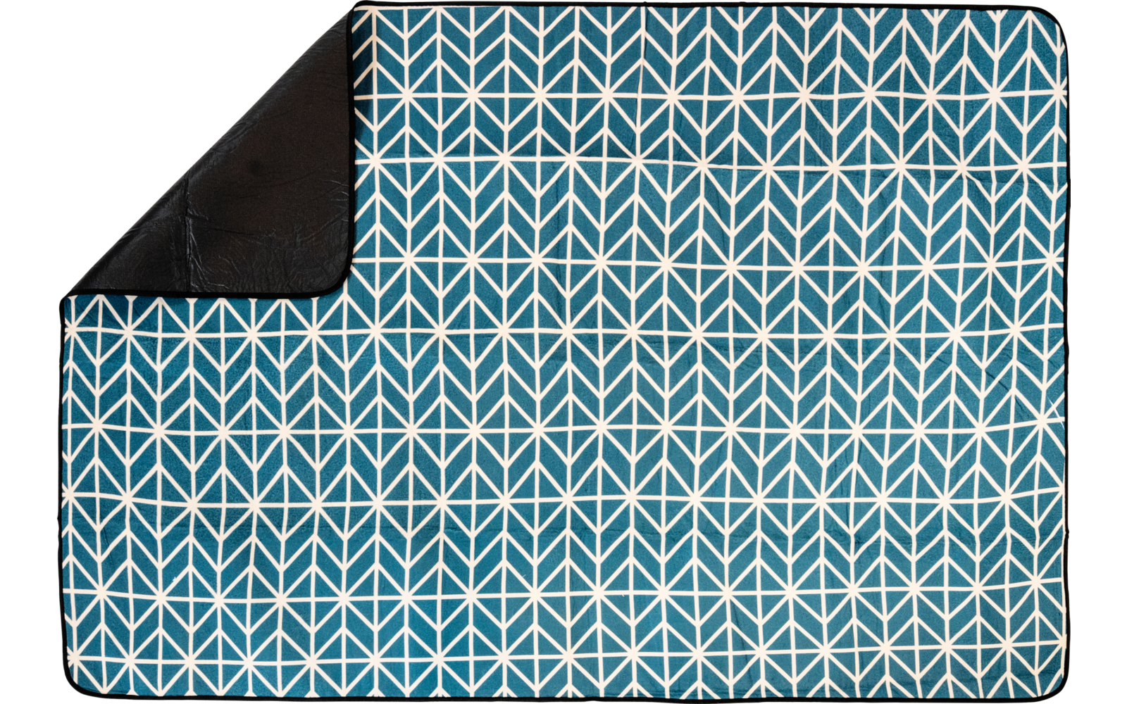 Rechteckiges blaugrünes Objekt mit weißem, wiederholendem geometrischem Muster; obere linke Ecke umgeklappt, Rückseite schwarz
