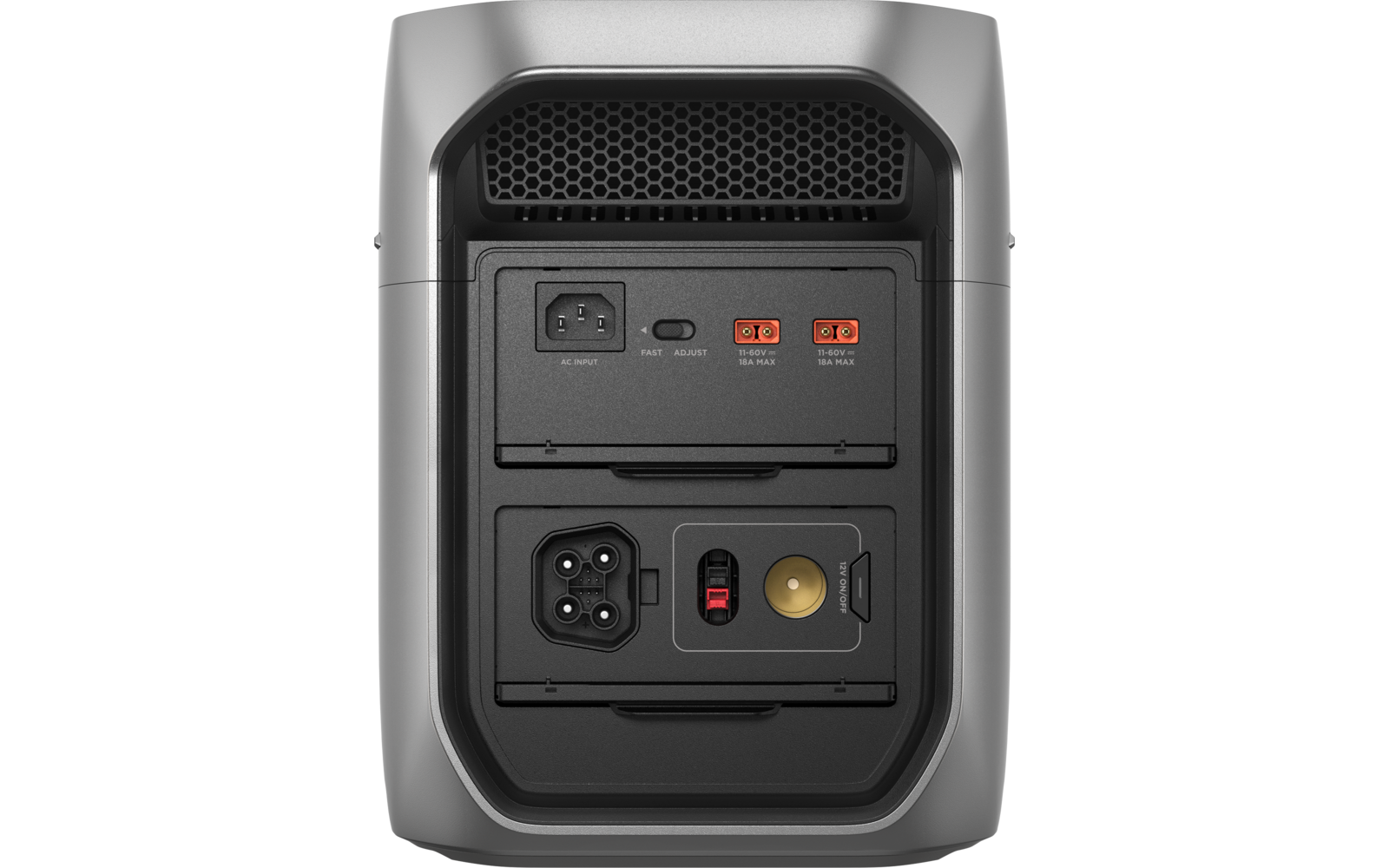 Rückseite eines Geräts mit Anschlusspanel: Netzbuchse, kleiner Schalter, zwei rote Klemmen, vierpolige Buchse, goldfarbene runde Buchse und zwei Klappen