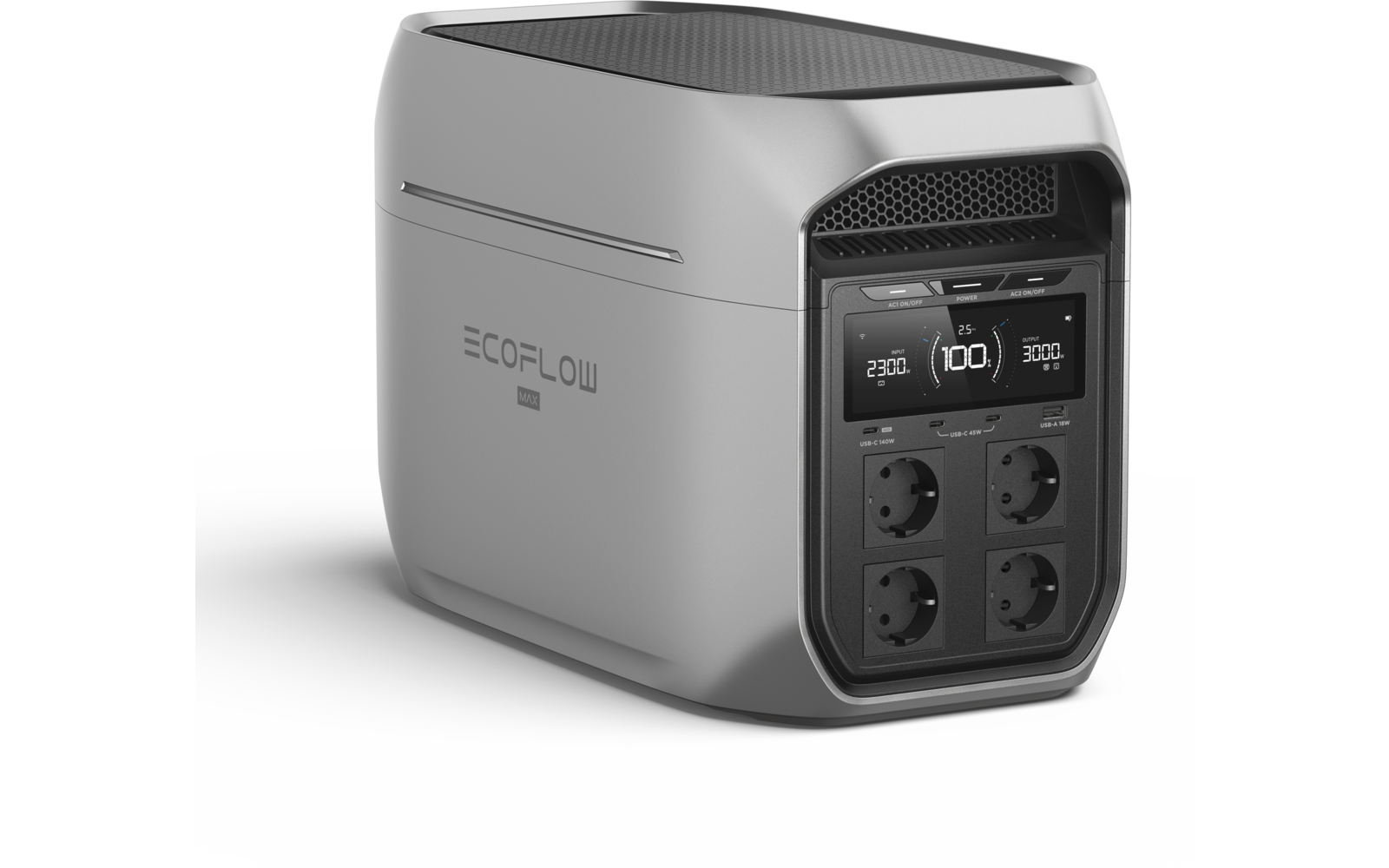 Grau-silbernes rechteckiges Gerät mit abgerundeter Hülle, Frontdisplay mit Anzeigen und vier Steckdosen, Schriftzug 'ECOFLOW' auf der Seitenwand