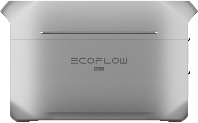 Silbernes, rechteckiges Gerät mit abgerundeten Ecken und metallischer Oberfläche, mittig der Schriftzug "ECOFLOW" und darunter klein "MAX", oben ein schmaler Schlitz