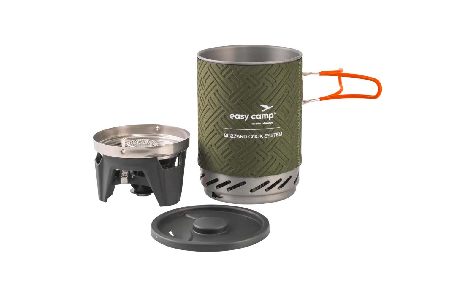 Grüner Metallbehälter mit geprägtem Muster und orangefarbenem klappbarem Griff; daneben ein kleiner grauer Metallaufsatz mit drei kurzen Standfüßen und ein flacher grauer Deckel