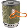 Olivegrüner Topf mit strukturiertem Überzug, silberner Metallboden, grauem Deckel, orangefarbenem klappbarem Griff und weißer Markenaufschrift links