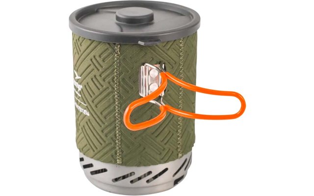 Olivegrüner Topf mit strukturiertem Überzug, silberner Metallboden, grauem Deckel, orangefarbenem klappbarem Griff und weißer Markenaufschrift links