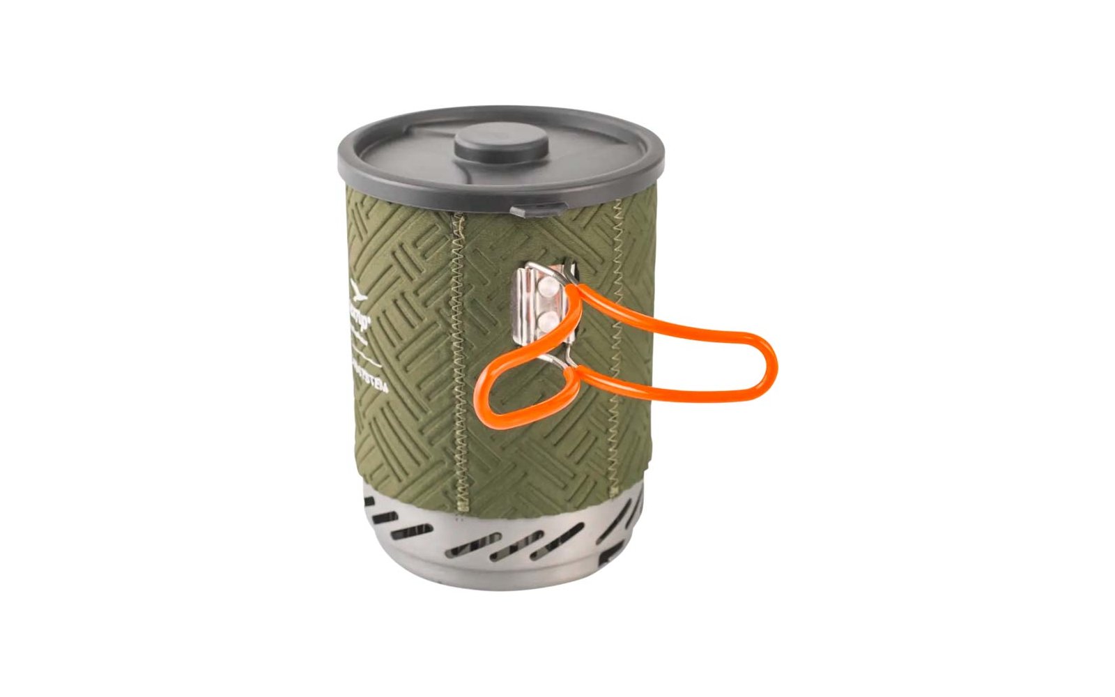 Olivegrüner Topf mit strukturiertem Überzug, silberner Metallboden, grauem Deckel, orangefarbenem klappbarem Griff und weißer Markenaufschrift links