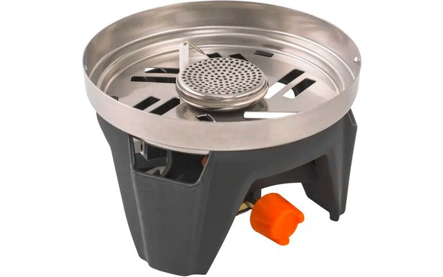 Runder Metallbrenner in runder Edelstahlwanne auf schwarzem dreibeinigem Kunststoffgestell mit orangefarbenem Bedienknopf
