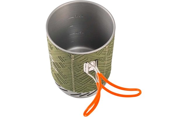 Zylindrischer Metallbecher mit sichtbarem Edelstahlinnenraum und Messskala, grüner strukturierter Außenhülle und zwei zusammengefalteten orangen Griffen