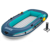 Aufblasbares Schlauchboot in Blau und Türkis mit weißem Innenboden und Handpumpe daneben