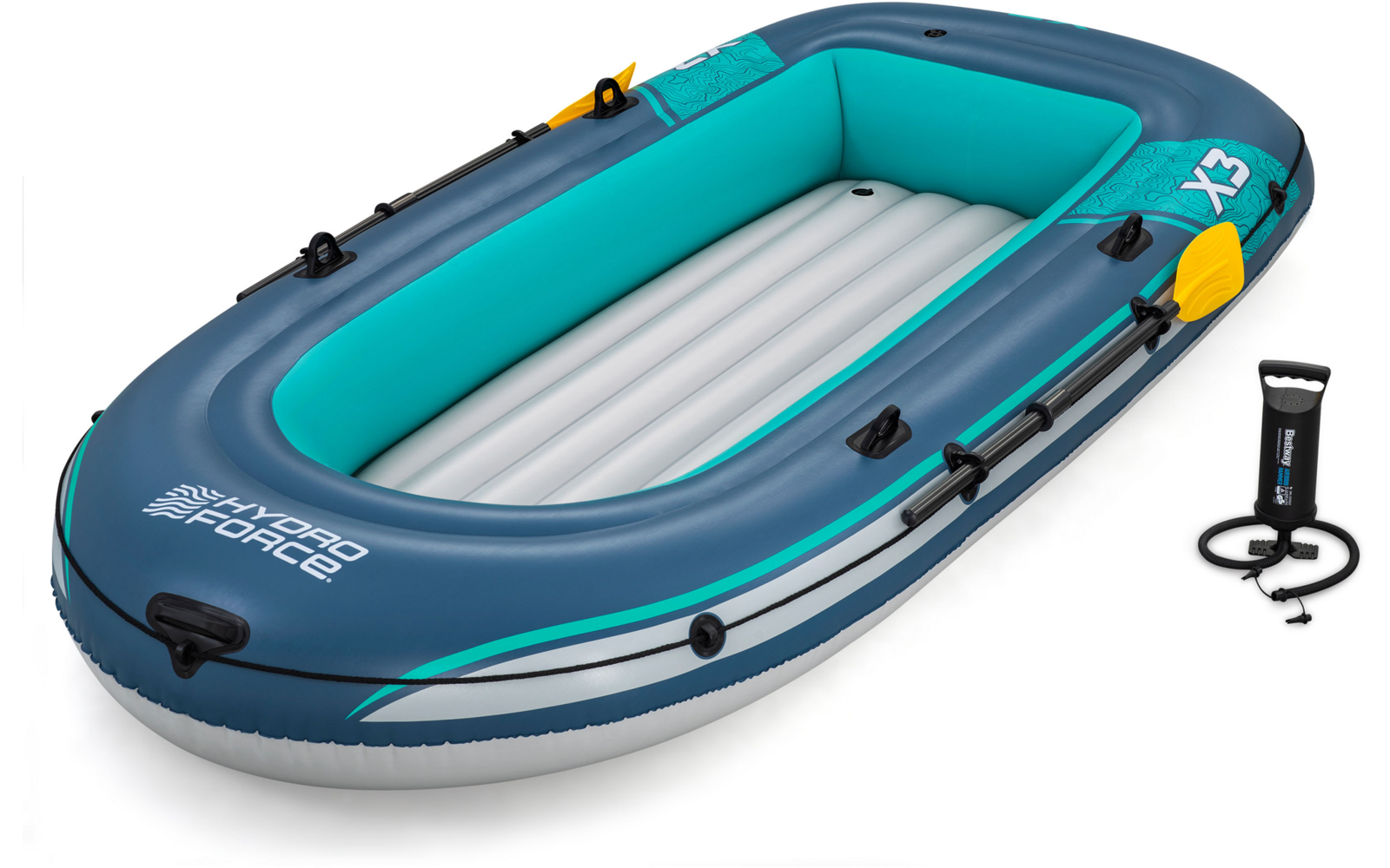 Aufblasbares Schlauchboot in Blau und Türkis mit weißem Innenboden und Handpumpe daneben