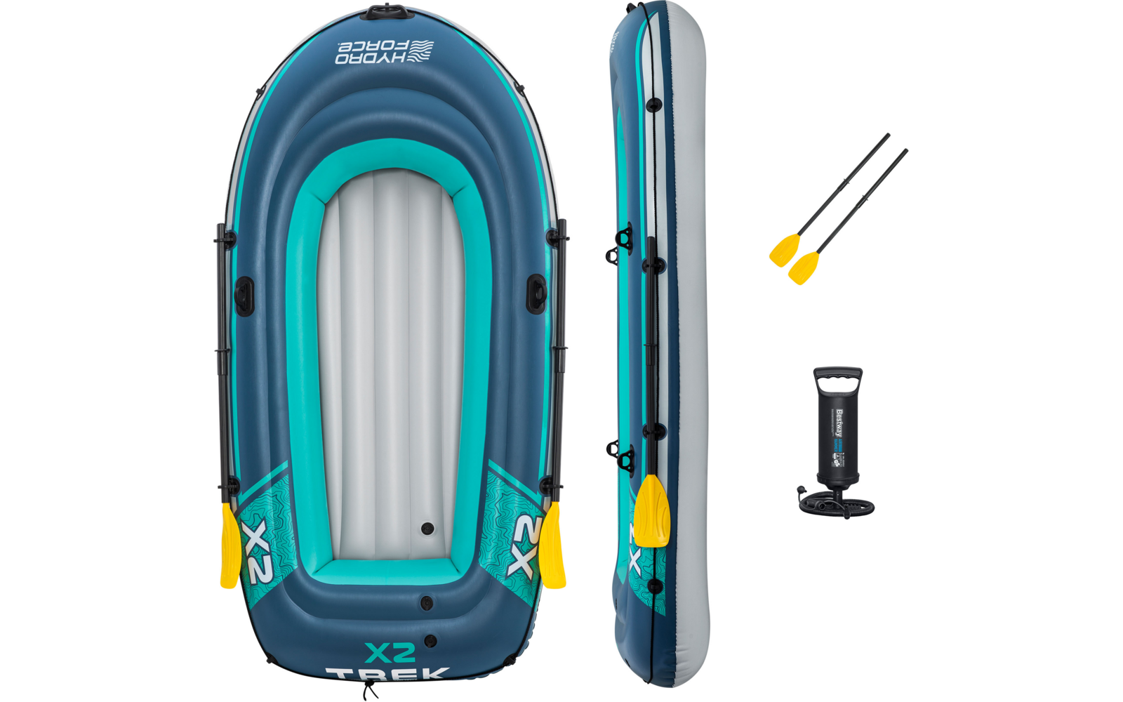 Blau-türkis-graues aufblasbares Schlauchboot in Vorder- und Seitenansicht auf weißem Hintergrund, zwei Paddel mit gelben Blättern und eine schwarze Handpumpe