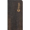 Surface en bois foncé avec texte beige 'Berger' et logo rond à droite; coin supérieur arrondi