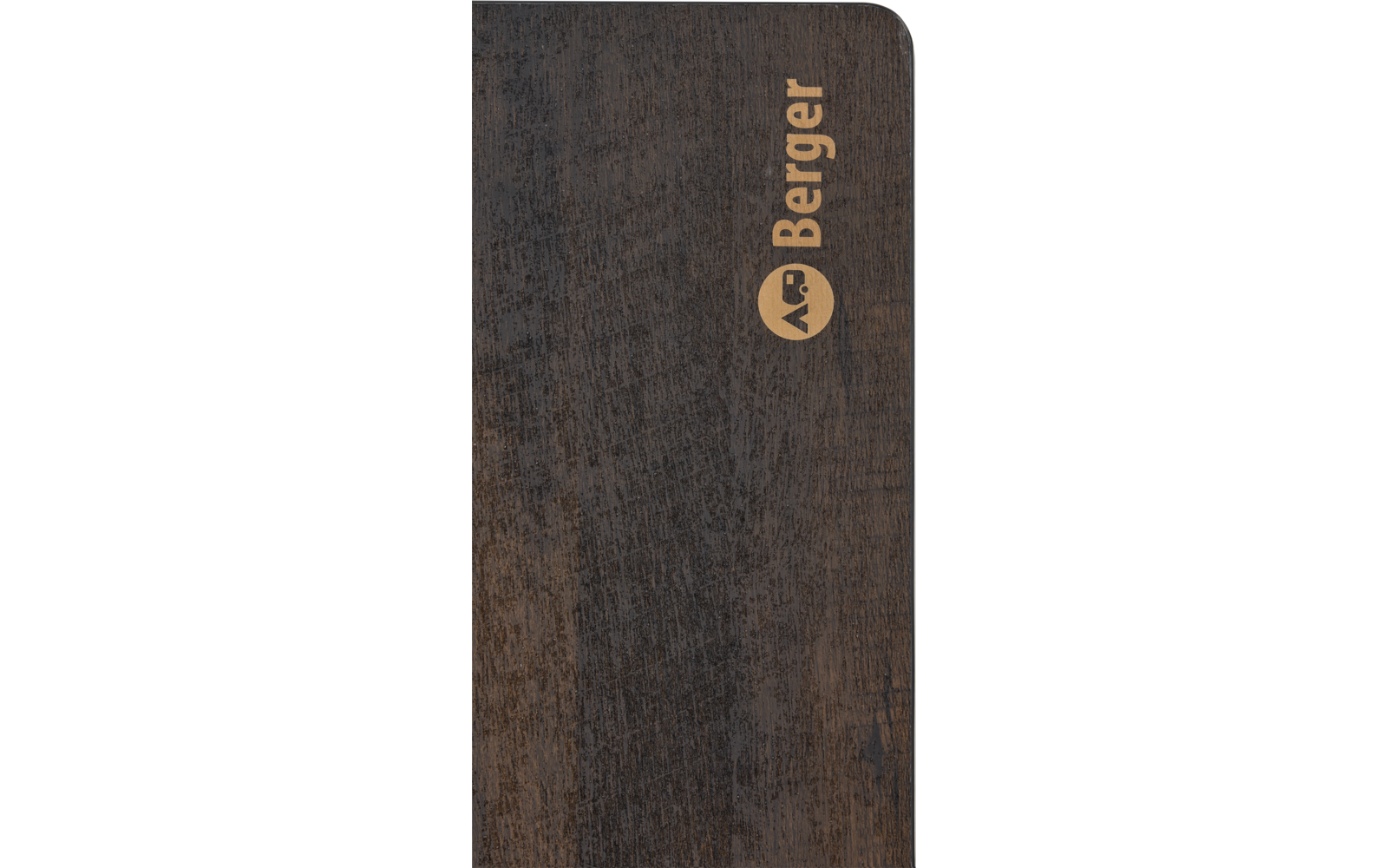 Surface en bois foncé avec texte beige 'Berger' et logo rond à droite; coin supérieur arrondi