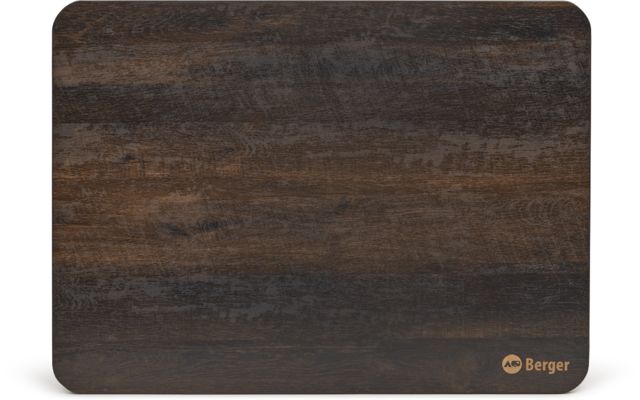 Surface en bois brun foncé rectangulaire aux coins arrondis, veinage horizontal et petit logo beige "Berger" en bas à droite