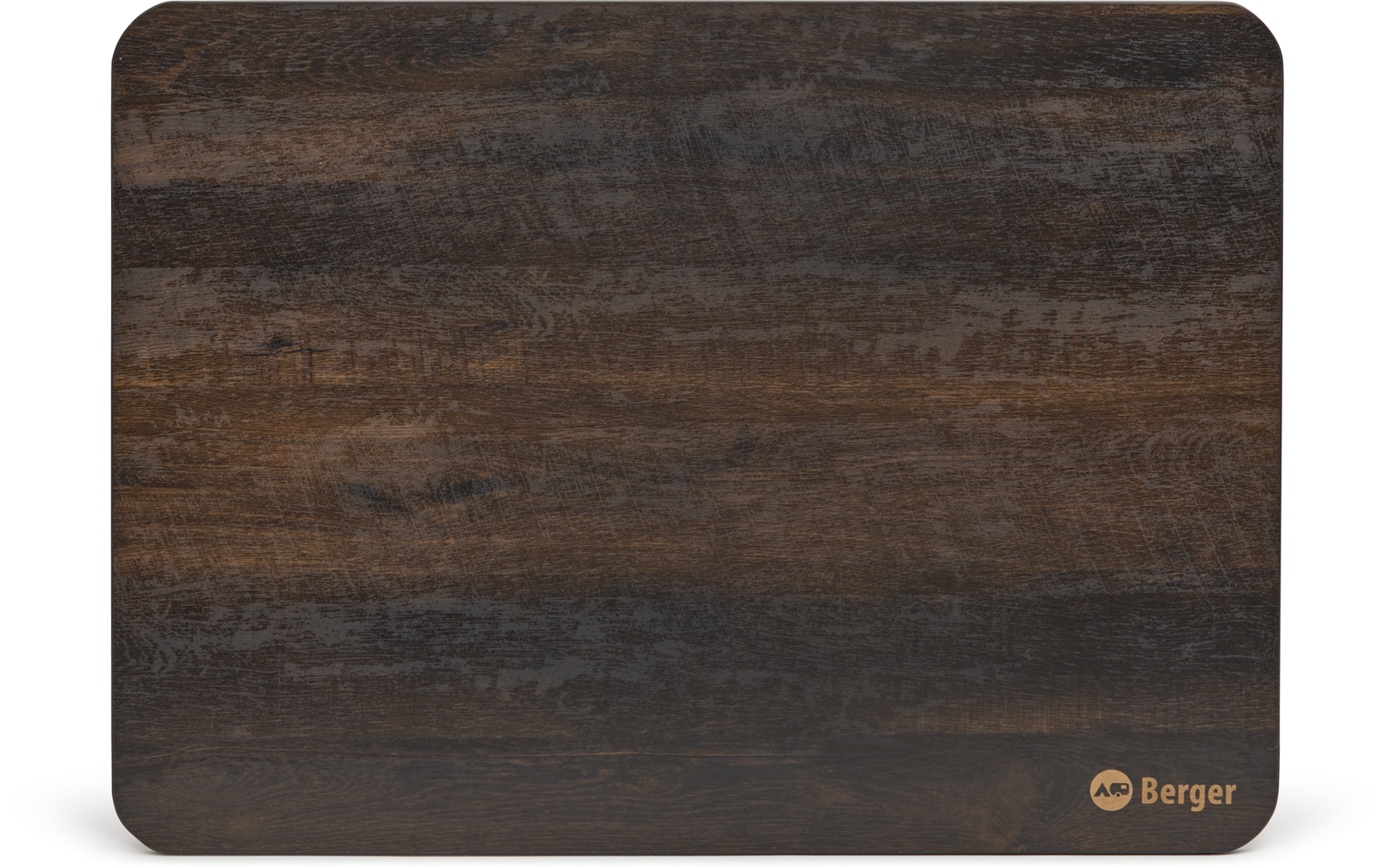 Surface en bois brun foncé rectangulaire aux coins arrondis, veinage horizontal et petit logo beige "Berger" en bas à droite