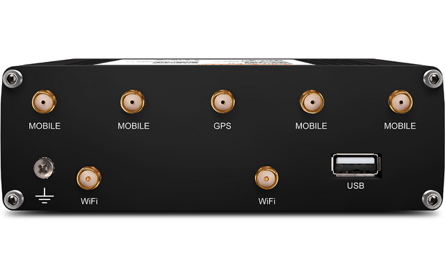 Schwarze Frontplatte eines Geräts mit mehreren runden goldfarbenen Buchsen, einem USB-Anschluss, Beschriftungen 'MOBILE', 'GPS', 'WIFI' und einem Erdungssymbol