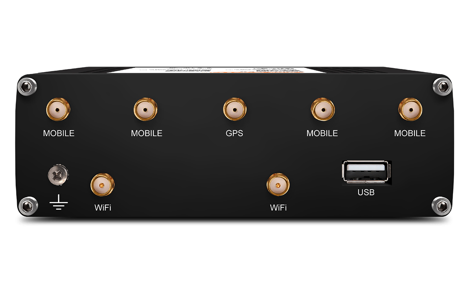 Schwarze Frontplatte eines Geräts mit mehreren runden goldfarbenen Buchsen, einem USB-Anschluss, Beschriftungen 'MOBILE', 'GPS', 'WIFI' und einem Erdungssymbol