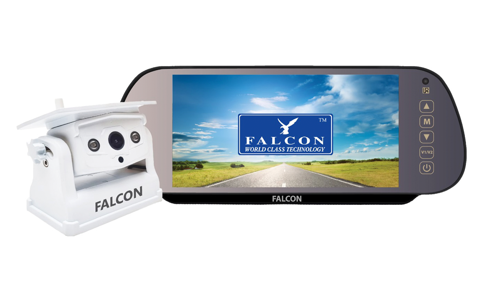 Weiße Kamera mit drei Objektiven und Aufschrift "FALCON" links; schwarzer Monitor rechts mit Bildschirm, der Straße, grünes Feld, blauen Himmel und ein blaues Logo mit Vogel und Schrift "FALCON" zeigt; mehrere Tasten an der rechten Seite