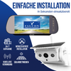 Rückspiegel-Monitor mit „FALCON“-Logo und Landschaftsbild, weiße Außenkamera mit Solarpanel und Antenne, Schriftzug „EINFACHE INSTALLATION In Sekunden einsatzbereit“ und vier Symbole mit deutschen Beschriftungen