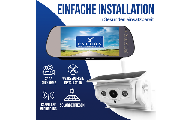 Rückspiegel-Monitor mit „FALCON“-Logo und Landschaftsbild, weiße Außenkamera mit Solarpanel und Antenne, Schriftzug „EINFACHE INSTALLATION In Sekunden einsatzbereit“ und vier Symbole mit deutschen Beschriftungen