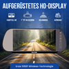 Rechteckiges Gerät mit Bildschirm und Schriftzug 'FALCON'; Bildschirm zeigt sonnenbeschienene Straße durch Wald. Oben Text 'AUFGERÜSTETES HD-DISPLAY' und Icons mit Beschriftungen '1080P FULL HD', '7" TFT-BILDSCHIRM', 'SOLARMODUL', 'AUFNAHME'. Unten b