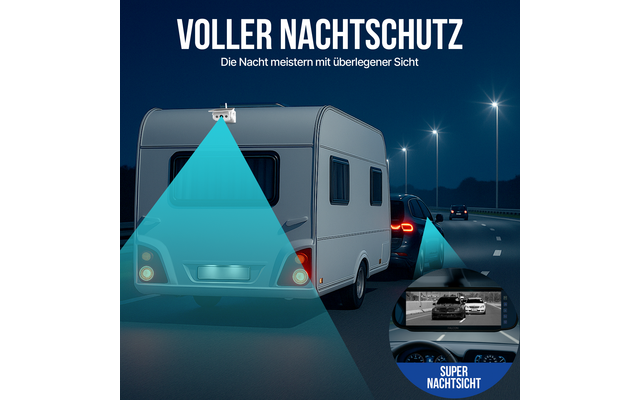 Wohnwagen auf einer nachts befahrenen Straße, dahinter ein Auto mit roten Rücklichtern, Straßenlampen am Straßenrand, türkisfarbene konische Lichtflächen über und neben den Fahrzeugen, kreisförmige Einblendung mit schwarz-weißem Kamerabild und dem Te