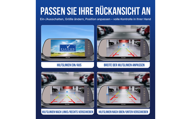 Blauer Hintergrund mit weißem Titel 'PASSEN SIE IHRE RÜCKANSICHT AN'. Vier Kacheln zeigen jeweils einen digitalen Rückspiegel mit Kamerabild, farbigen Parkhilfslinien und deutschen Bildunterschriften