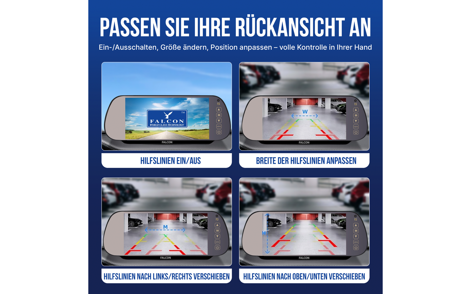 Blauer Hintergrund mit weißem Titel 'PASSEN SIE IHRE RÜCKANSICHT AN'. Vier Kacheln zeigen jeweils einen digitalen Rückspiegel mit Kamerabild, farbigen Parkhilfslinien und deutschen Bildunterschriften