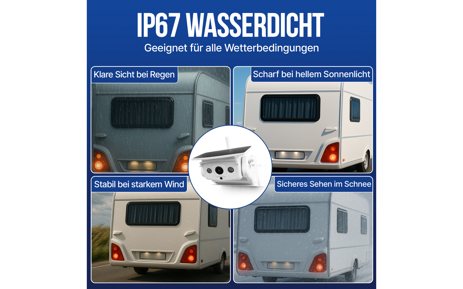 Werbegrafik auf blauem Hintergrund mit weißem Titel 'IP67 WASSERDICHT' und Untertitel 'Geeignet für alle Wetterbedingungen', vier Quadranten mit einem Wohnwagen bei Regen (oben links, Beschriftung 'Klare Sicht bei Regen'), hellem Sonnenlicht (oben re