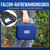 Hand hält eine blaue, rechteckige Tasche mit Aufdruck 'FALCON LIFE MADE EASY' vor grünem Pflanzenhintergrund; rundes Einsatzbild zeigt die geöffnete Tasche mit Kamerazubehör