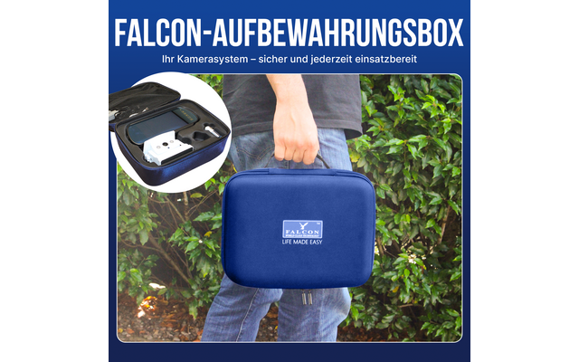 Hand hält eine blaue, rechteckige Tasche mit Aufdruck 'FALCON LIFE MADE EASY' vor grünem Pflanzenhintergrund; rundes Einsatzbild zeigt die geöffnete Tasche mit Kamerazubehör