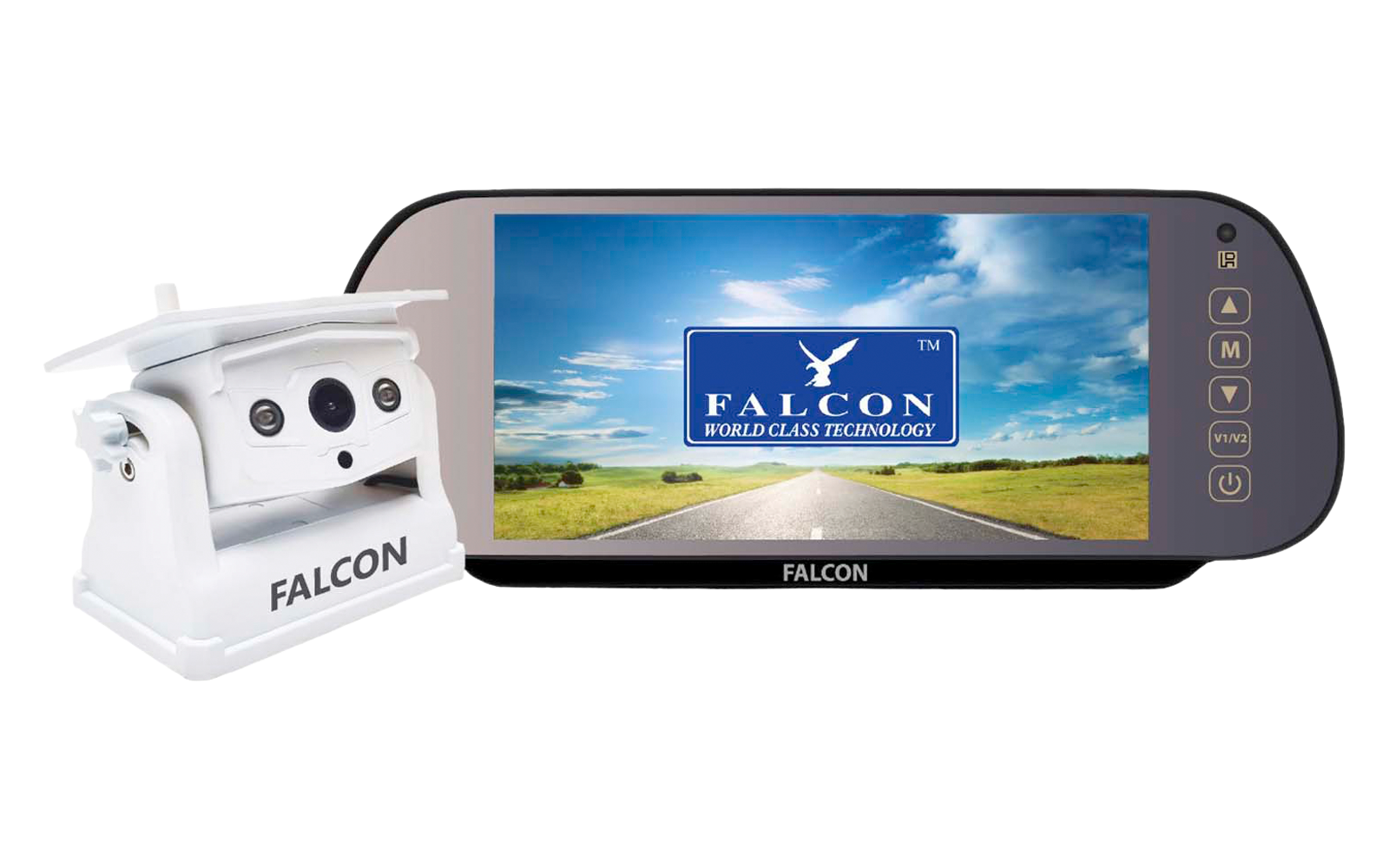 Caméra blanche avec trois objectifs et inscription "FALCON" à gauche ; moniteur noir à droite affichant une route, un champ vert, un ciel bleu et un logo bleu avec un oiseau et le mot "FALCON" ; plusieurs boutons sur le bord droit