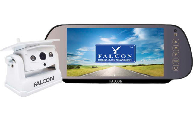 Caméra blanche avec trois objectifs et inscription "FALCON" à gauche ; moniteur noir à droite affichant une route, un champ vert, un ciel bleu et un logo bleu avec un oiseau et le mot "FALCON" ; plusieurs boutons sur le bord droit