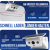 Caméra blanche avec panneau solaire et antenne sur fond bleu ; textes et icônes visibles : '5W', '200%', '5W GROSSES SOLARMODUL', 'SCHNELL LADEN. LÄNGER HALTEN.', '12STD.+', '9,900MAH'