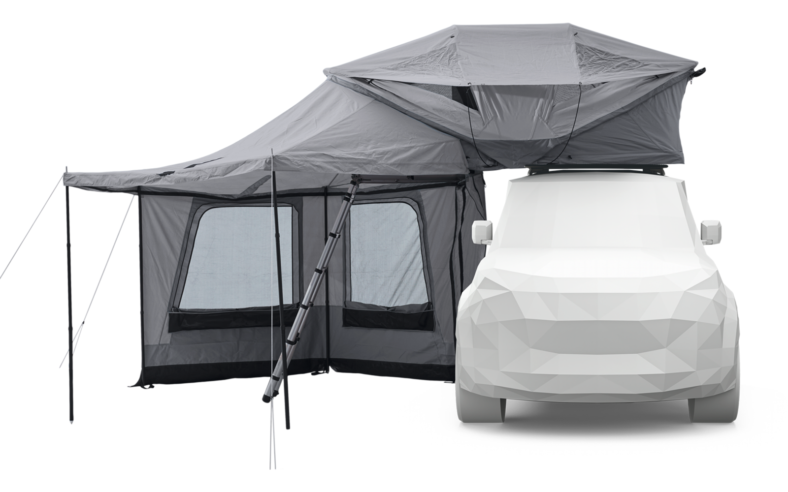 Weißes Auto mit grauem auf dem Dach montiertem Zelt und angebautem Vorzelt mit zwei Fenstern und Gestänge
