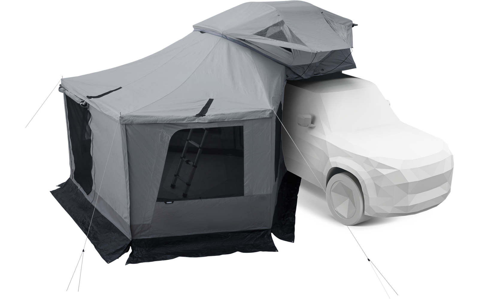 Weißes Auto mit seitlich angebrachtem grauem Zelt mit Vorzelt, Leiter und Abspannleinen