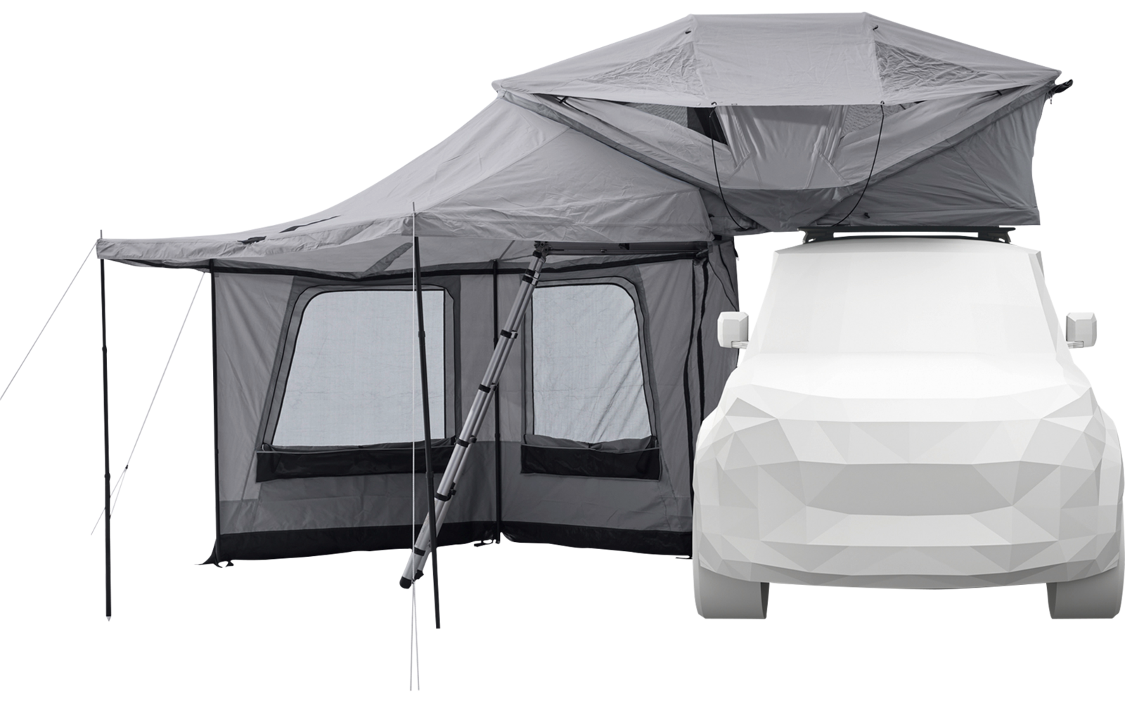Weißes Auto mit grauem auf dem Dach montiertem Zelt und angebautem Vorzelt mit zwei Fenstern und Gestänge