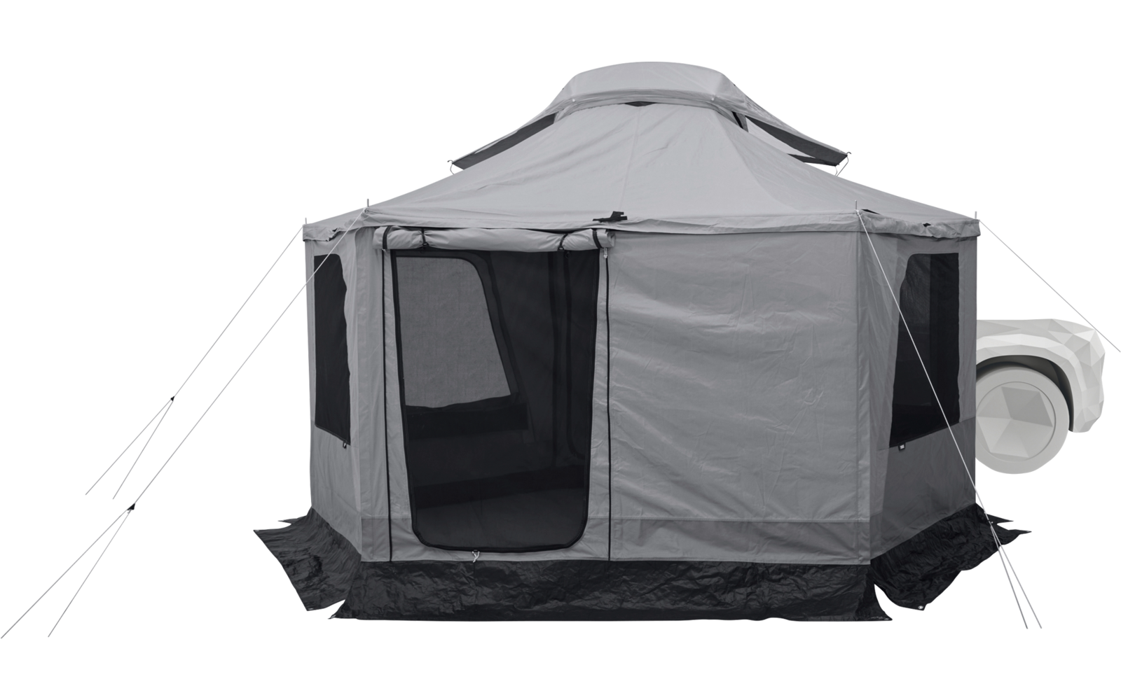 Graues, rechteckiges Zelt mit offenem Eingang, Netzfenstern und Abspannleinen, an der Seite eines weißen Fahrzeugs befestigt