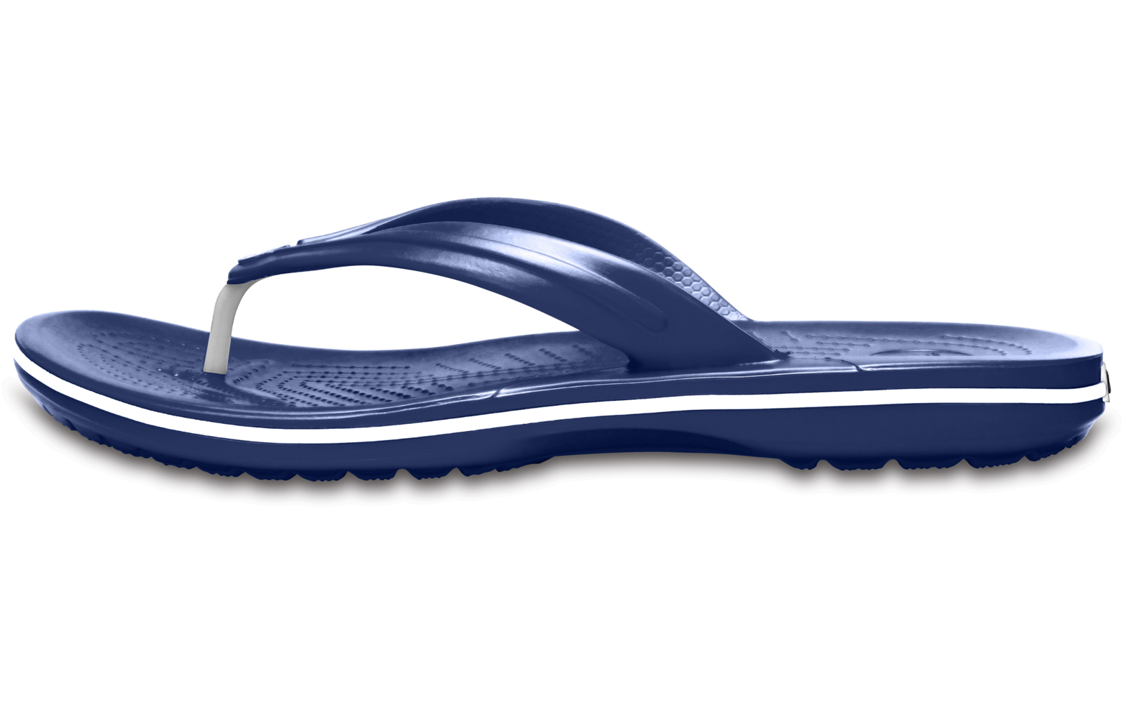 Claquette bleue unique, vue latérale, bande blanche sur la semelle, lanière blanche entre les orteils